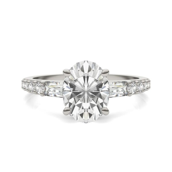 OVAL TAPERED BAGUETTE ACCENTED THREE-STONE ENGAGEMENT RING