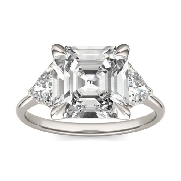 ASSCHER CLAW PRONG TRILLION THREE-STONE ENGAGEMENT RING