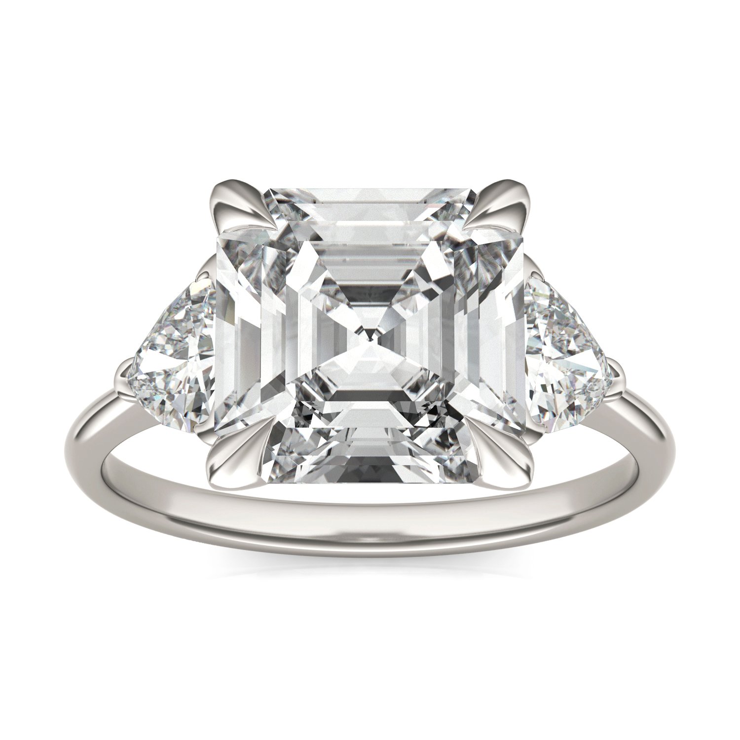 ASSCHER CLAW PRONG TRILLION THREE-STONE ENGAGEMENT RING